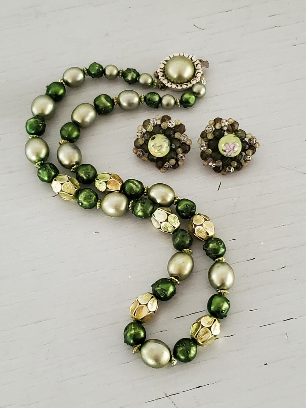 Vintage Green Tone Acrylic Beaded Hong Kong Necklace with Clip On Earrings